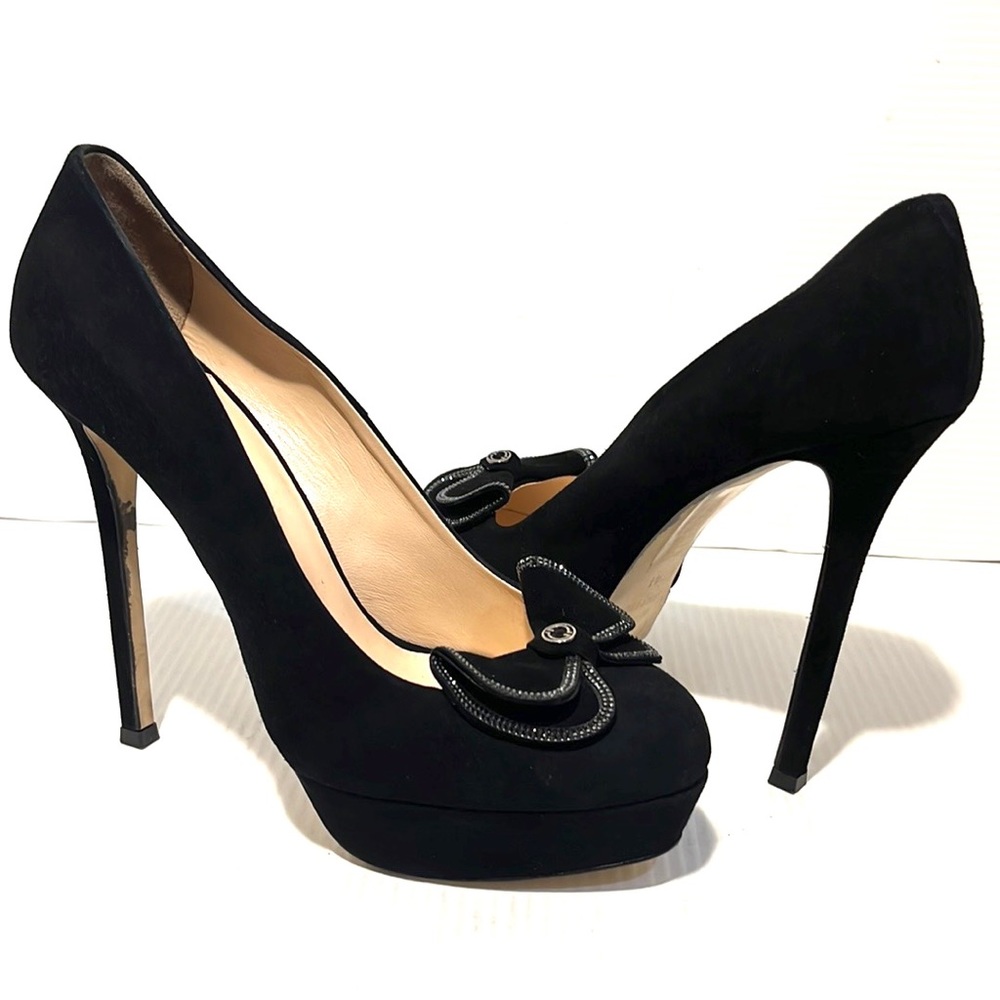 POLETTO Black Suede Platform Heels Made with Swarovski Elements Pumps 41/10